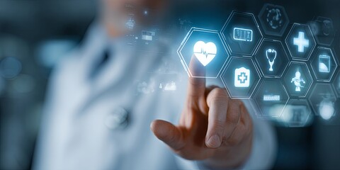 Doctor Interacting with Digital Health Icons and Medical Technology Interface in Modern Healthcare Environment