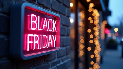 A neon "BLACK FRIDAY" sign on a brick wall, with warm bokeh lights in the background.