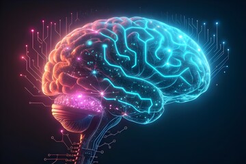 Glowing neon brain with digital circuits and data streams