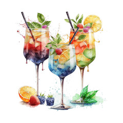 Three vibrant watercolor cocktails with fresh berries, citrus slices, and mint leaves, artfully arranged with splashes of color and liquid.