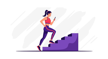 Fototapeta premium Woman Ascends Stairs While Using Phone, Illustrating Fitness, Technology, And Modernity