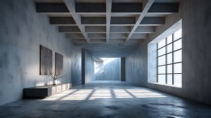 A modern concrete room with a ceiling opening, shadow grid, and a rough floor, capturing an industrial interior atmosphere.