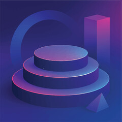 Abstract Three Tiered Platform with Geometric Shapes in Blue and Purple