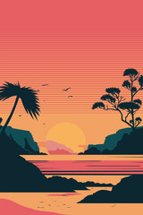 Obraz premium Stylized serene tropical beach sunset with palm trees and ocean waves reflecting vibrant sky colors and distant mountains