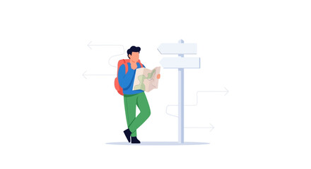 Traveler Contemplating Directions Next To Road Sign, Map Guidance And Outdoor Exploration