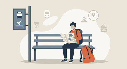 Traveler Planning Vacation Routes With Map While Waiting For Transportation At The Station