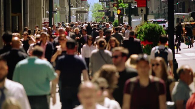 Bustling City Street, Diverse Crowd Of People Walking In Different Directions, Showcasing Urban Life, Movement, And Energy Of Daily Human Interaction And Activity. Manhattan, New York City. 