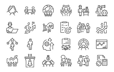 Career web line icons set with Success, Growth, Work, Goals, Motivation, Achievements. Editable Stroke