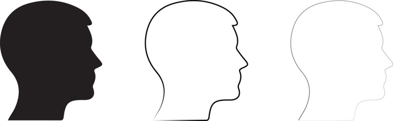 Three Head Profiles in Different Styles Solid Bold Outline and Thin Line