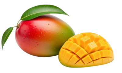 A whole mango with leaves and a sliced mango with a criss cross pattern on a black background