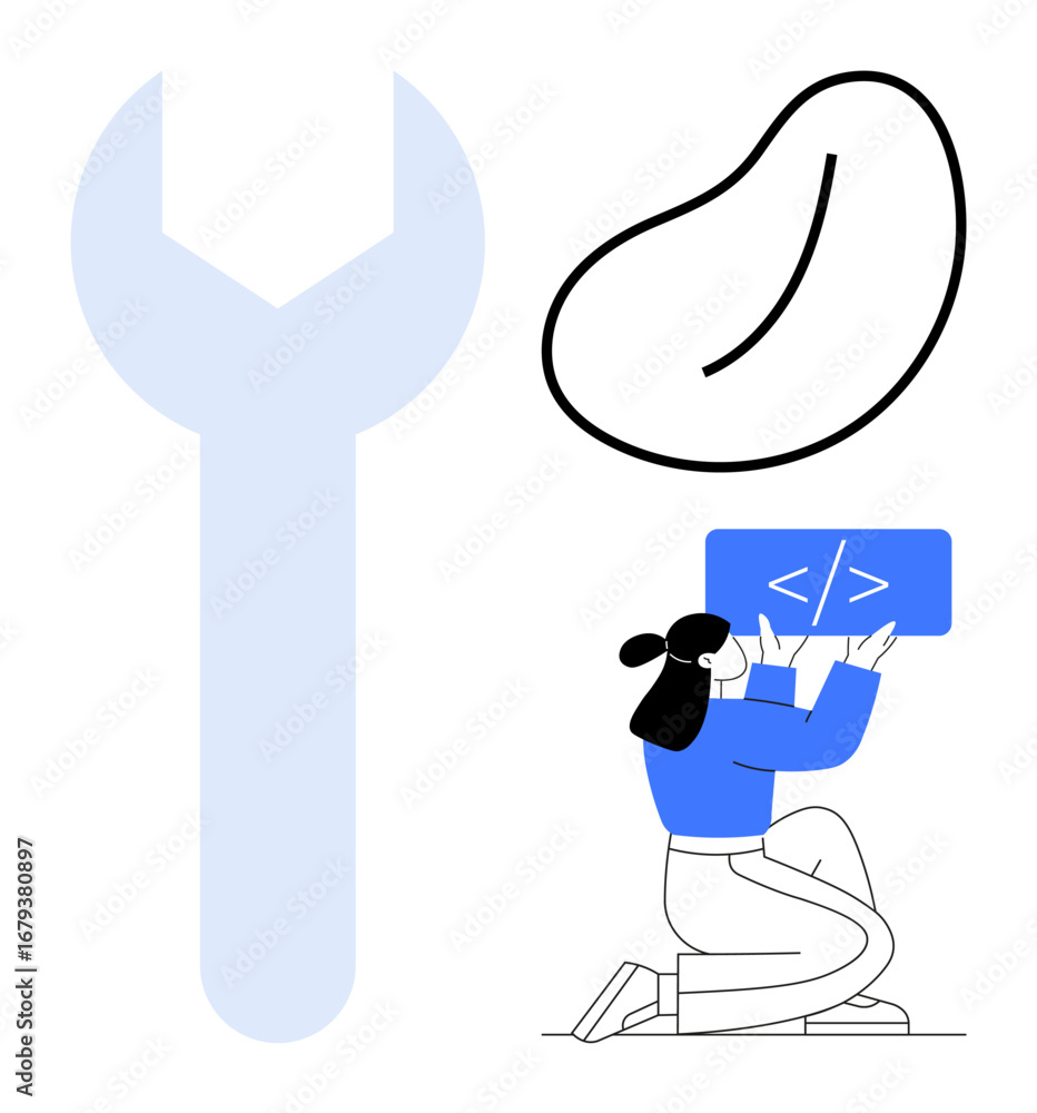 Aufkleber woman holding a coding panel with development symbols beside a large wrench and bean shape. ideal fo