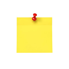 A bright yellow sticky note is affixed to a clean white background with a red pushpin securing it in the corner, perfect for reminders and notes