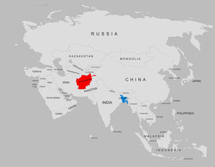 Afghanistan and Bangladesh political map showing borders and regions