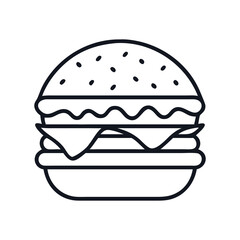 Black and white vector icon of a delicious and appetizing burger, cheeseburger with pickles  icon vector illustration