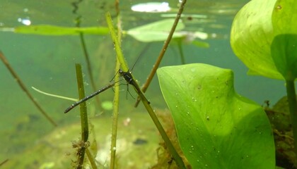Submerged dragonfly-like insect rests amidst aquatic plant life, showcasing vibrant green leaves and shallow, teal-colored water.