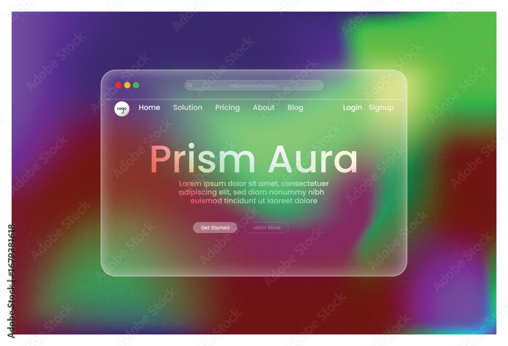 Poster web design, prism aura, landing page green purple red gradient glowing frosted glass morphism ui tem