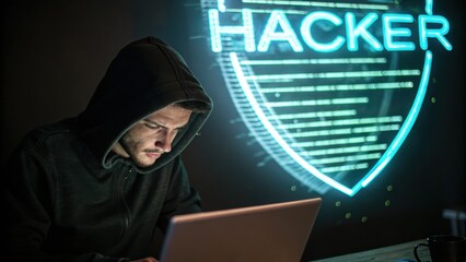 Man in hoodie working on laptop with neon "HACKER" sign in background.