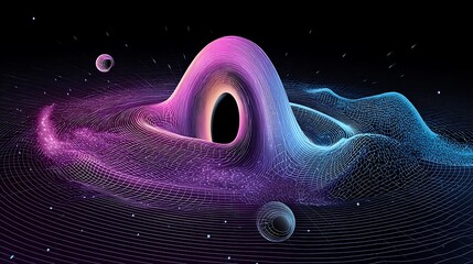 A conceptual visualization of quantum mechanics, including theoretical physics elements like black holes and curvature of spacetime in a futuristic vector design.