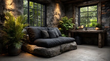 A realistic high-definition photo of a dual-purpose guest and office room with sleeper sofa.