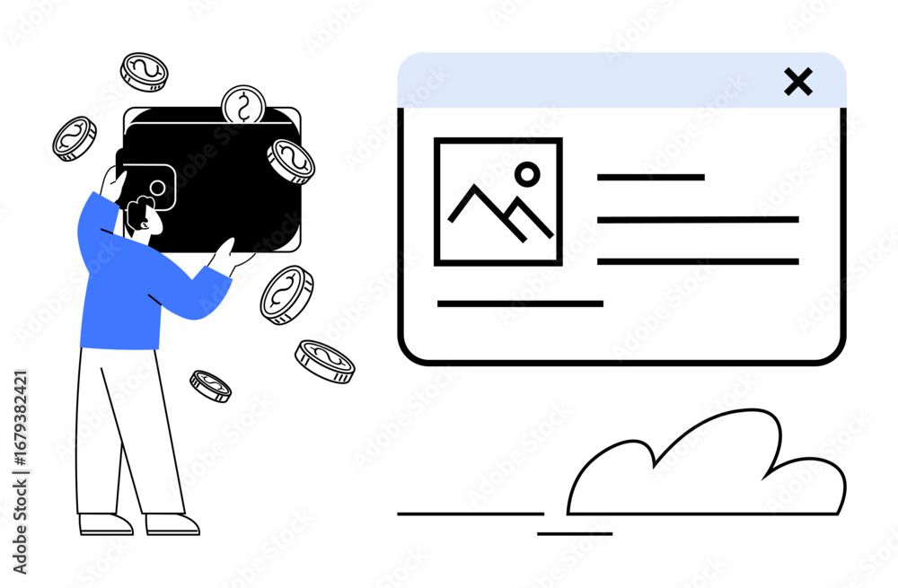 Poster man interacting with oversized digital wallet as coins surround him, next to a webpage with an image