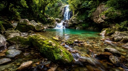 Hidden Waterfall Oasis in Lush Green Rainforest with Crystal Clear Water and Moss Covered Rocks a Tropical Paradise