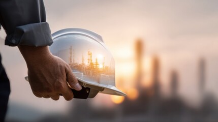 Worker holds safety helmet with double exposure effect showcasing industrial landscape at sunset. image conveys sense of dedication and safety in workplace