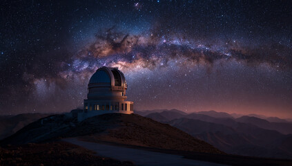 Obraz premium Observatory dome under a spectacular milky way galaxy and starry night sky