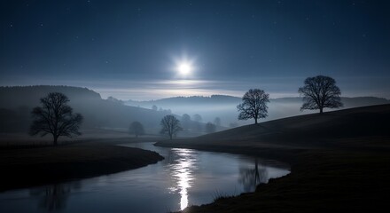 Moonlit River Valley Landscape.
