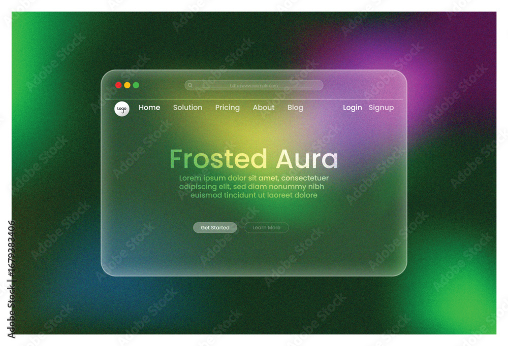 Poster web design, frosted aura, landing page green purple pink gradient luminous frosted glass morphism ui