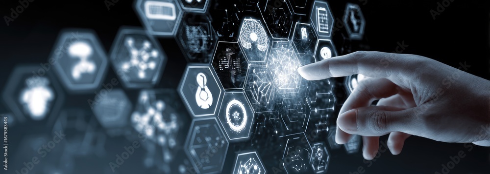 Fototapete hand interacts with a digital interface showing hexagonal data icons