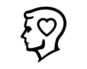 Stylized profile silhouette of a human head with a heart shape inside the mind symbolizing love emotion and mental well-being