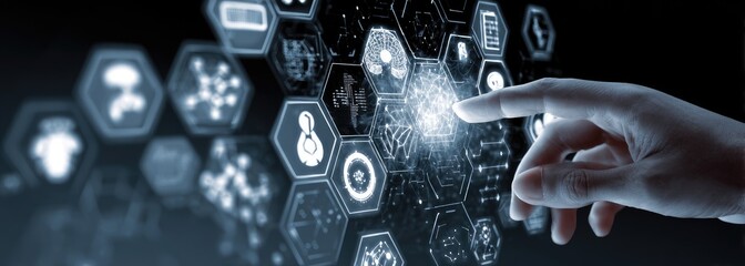 Hand interacts with a digital interface showing hexagonal data icons