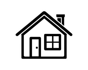 Simple black outline of a house with a chimney and a window