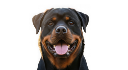 A happy rottweiler dog with its tongue out, isolated on transparent background