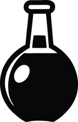 Simple black and white icon of a round bottom flask filled with liquid symbolizing chemistry science experiments