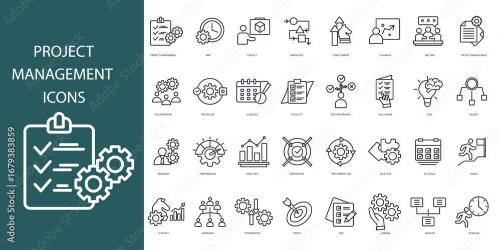 Poster project management icon set.vector.editable stroke.linear style sign for use web design,logo.symbol 