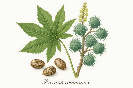 Ricinus Communis (Castor Plant) with Leaves and Seeds &mdash; Realistic Botanical Illustration of Medicinal Herb
