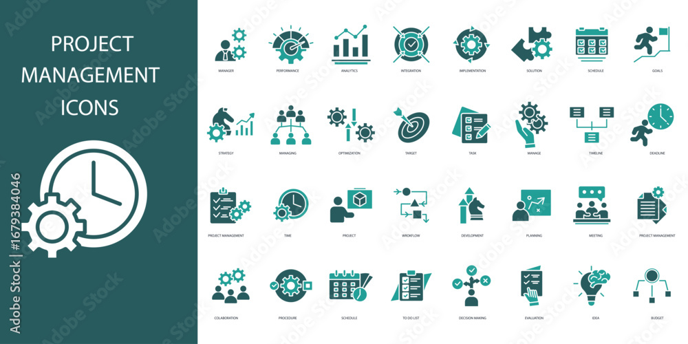 Poster project management icon set.vector.editable stroke.linear style sign for use web design,logo.symbol 