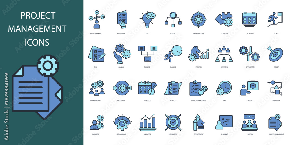Poster project management icon set.vector.editable stroke.linear style sign for use web design,logo.symbol 
