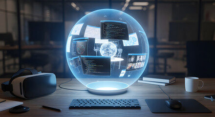 Embrace the future of remote collaboration An immersive Metaverse workplace concept featuring advanced virtual reality and holographic interfaces, redefining digital productivity