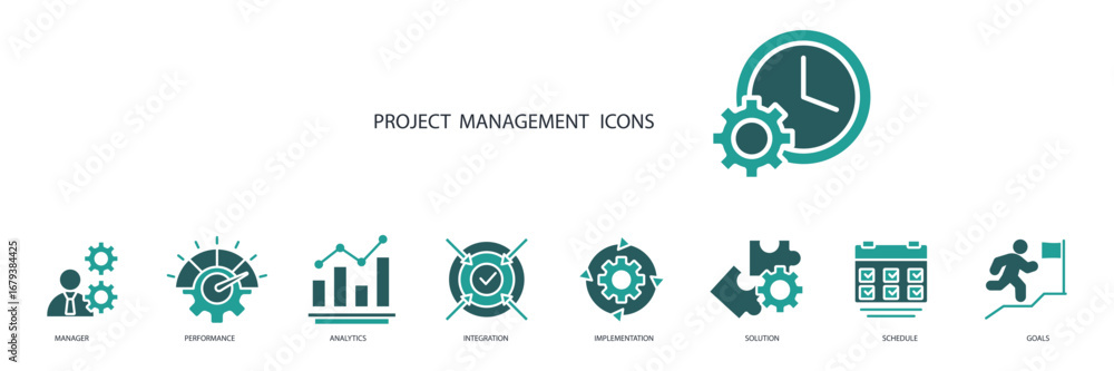 Poster project management icon set.vector.editable stroke.linear style sign for use web design,logo.symbol 