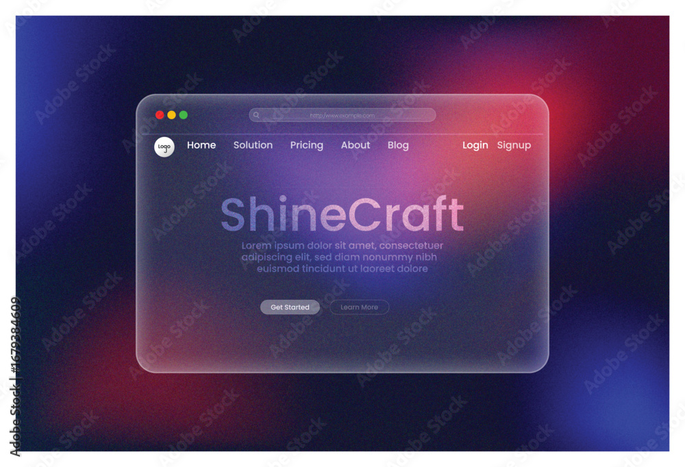Poster web design, shinecraft, landing page red blue black gradient glowing holographic ui template futuris