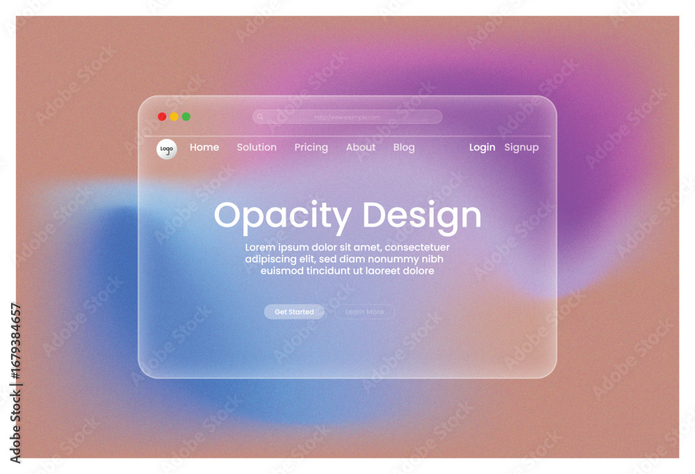 Poster web design, opacity design, landing page blue pink peach gradient frosted blur ui template with tran
