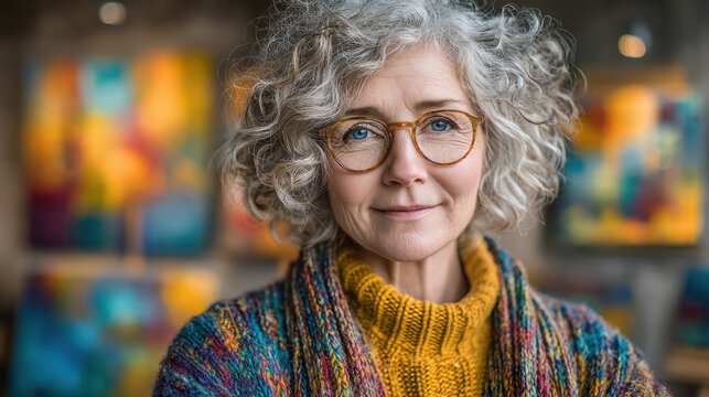 Elderly woman with gentle smile creating vibrant abstract art during art therapy session in cozy, sunlit room