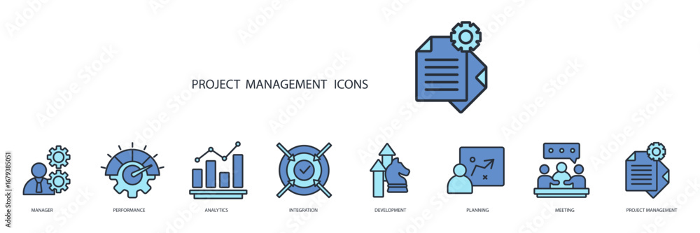 Poster project management icon set.vector.editable stroke.linear style sign for use web design,logo.symbol 