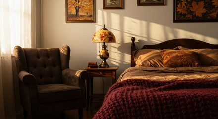Cozy Autumn Bedroom with an Armchair and Warm Sunlight