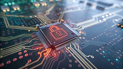 Close-up of a circuit board featuring a padlock symbol for security.