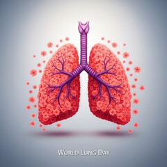 Detailed illustration of human lungs with a healthy respiratory system and surrounding cells