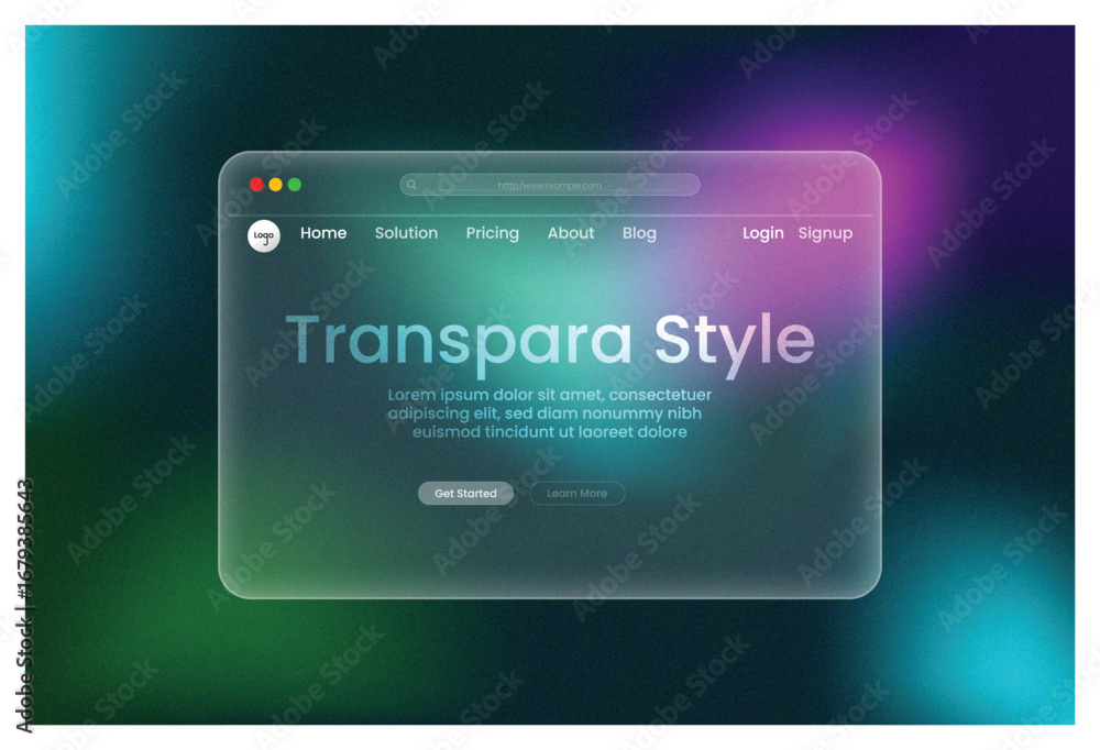 Poster web design, transpara style, landing page green cyan pink gradient luminous transparent glass morphi
