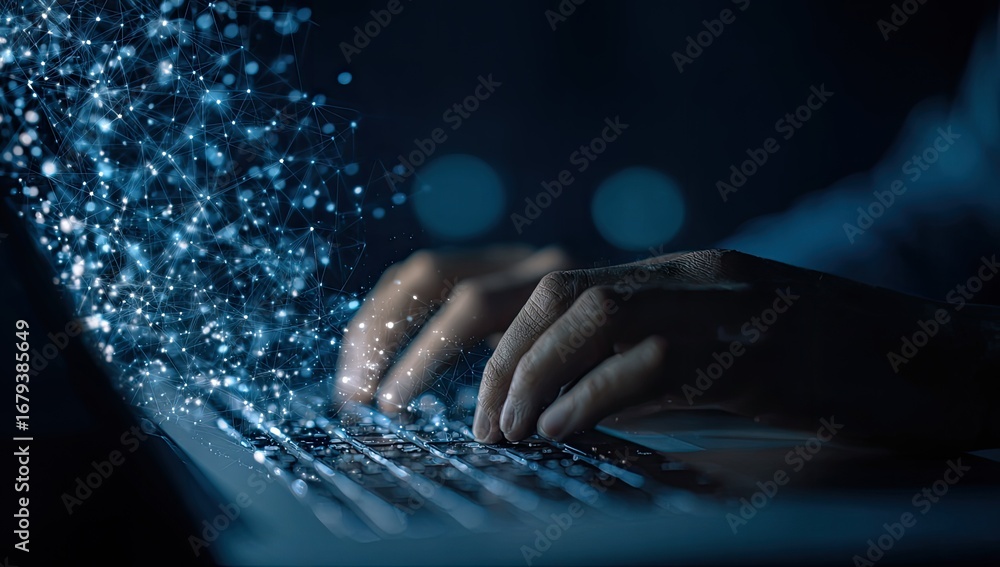 Aufkleber data streams flow from laptop keyboard as hands type in dim light